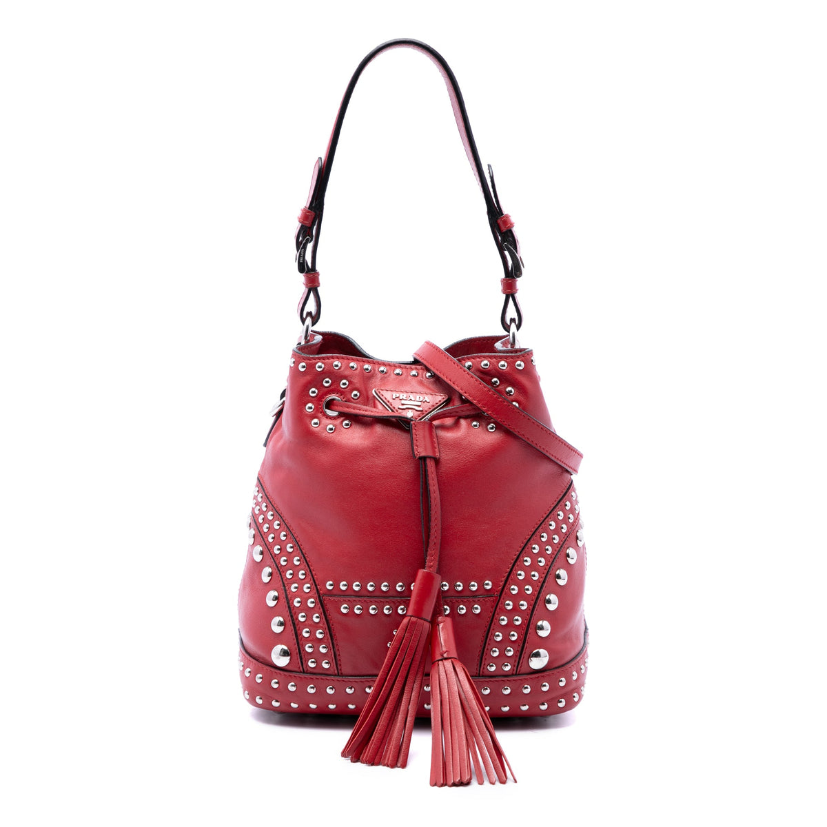 Prada Small Soft Calf Studded Bucket Bag — Red