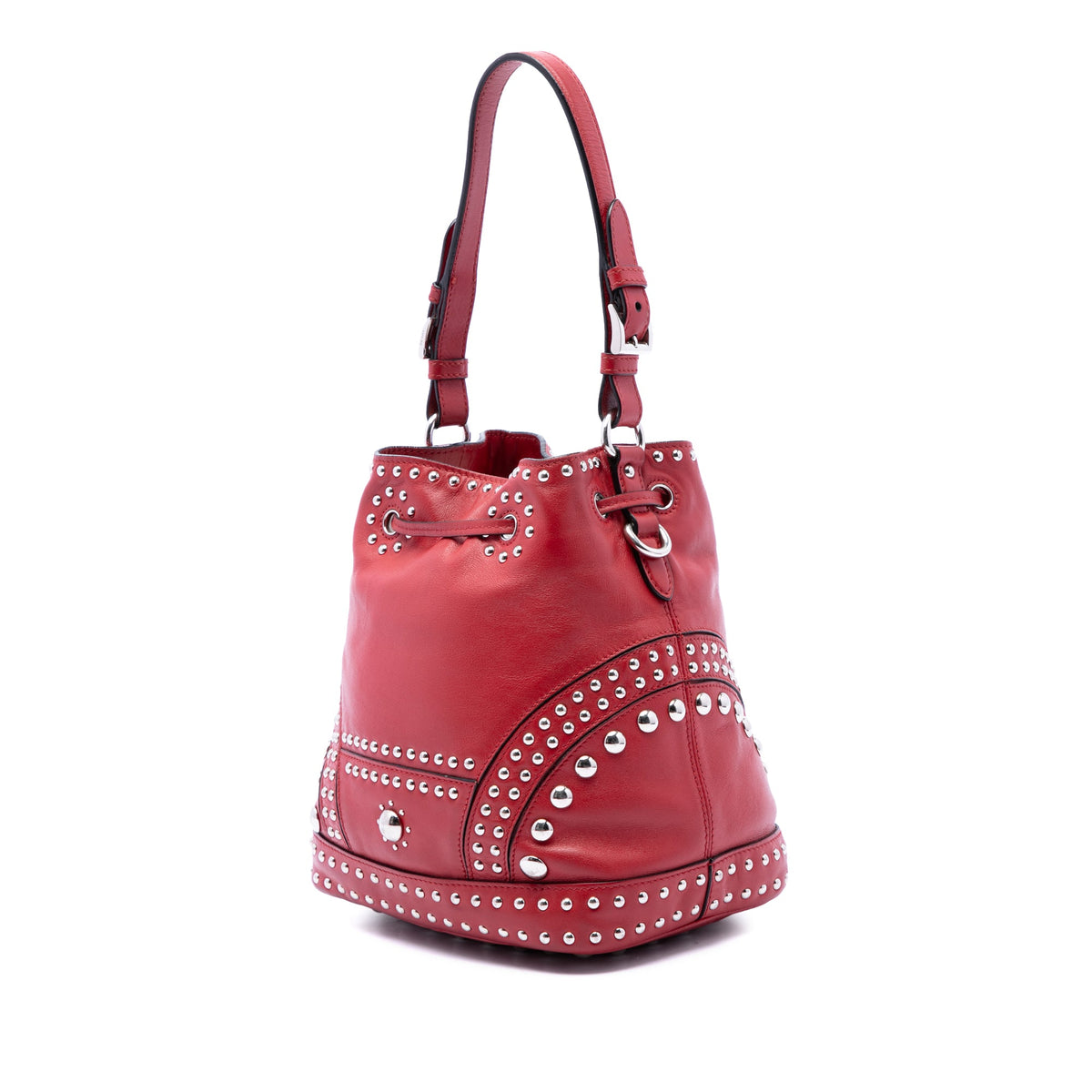 Prada Small Soft Calf Studded Bucket Bag — Red