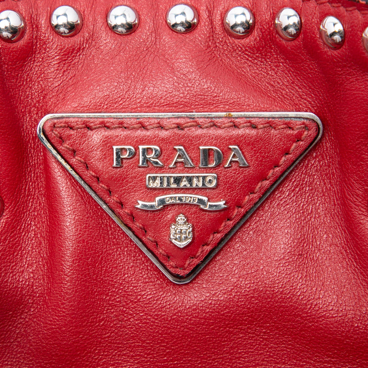 Prada Small Soft Calf Studded Bucket Bag — Red