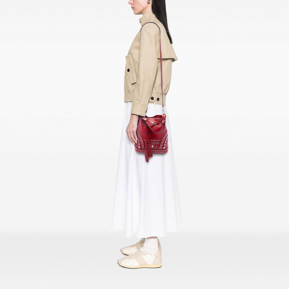 Prada Small Soft Calf Studded Bucket Bag — Red