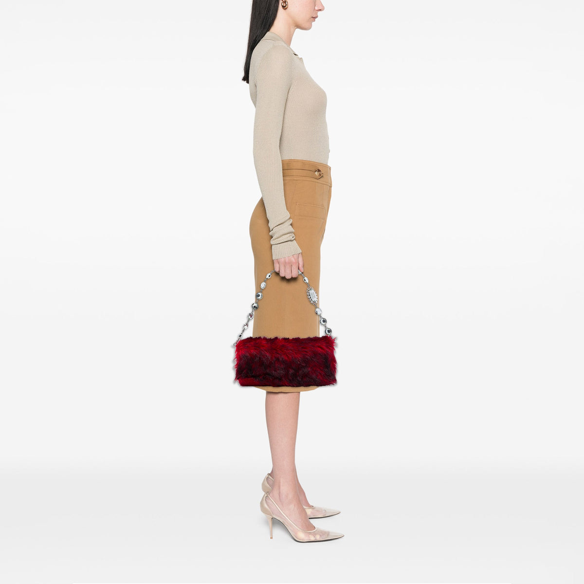 Miu Miu Faux Fur Crystal Flap Satchel — Red