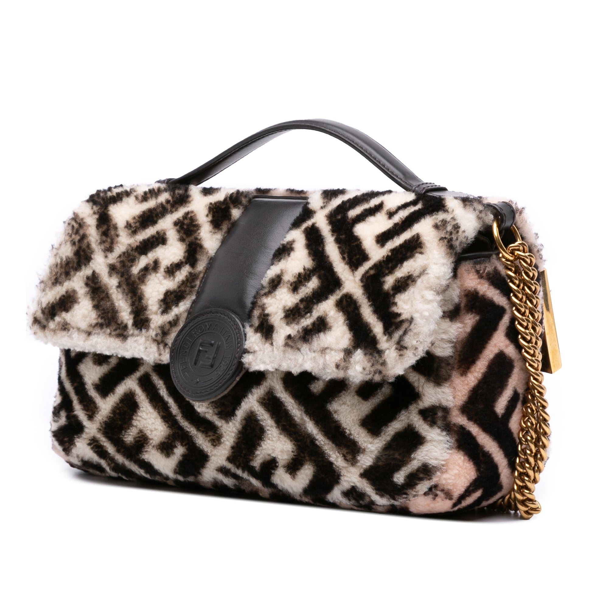 Fendi Zucca Shearling Double F Baguette Satchel