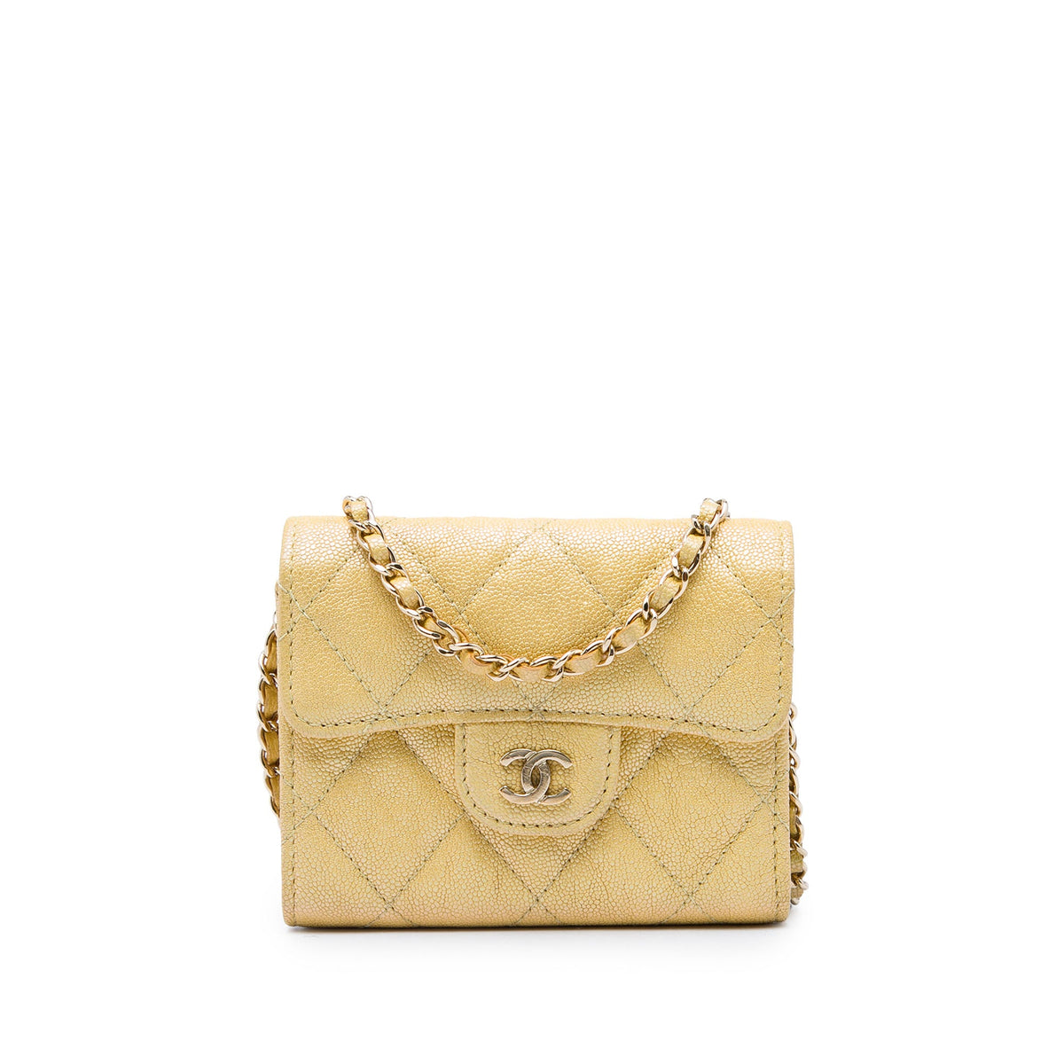 Chanel CC Quilted Iridescent Caviar Flap Card Holder on Chain — Gold