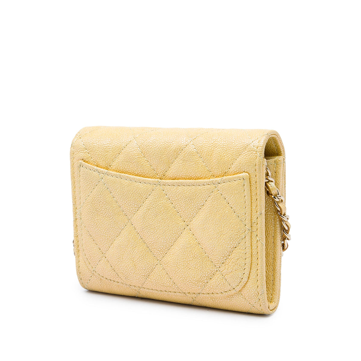 Chanel CC Quilted Iridescent Caviar Flap Card Holder on Chain — Gold