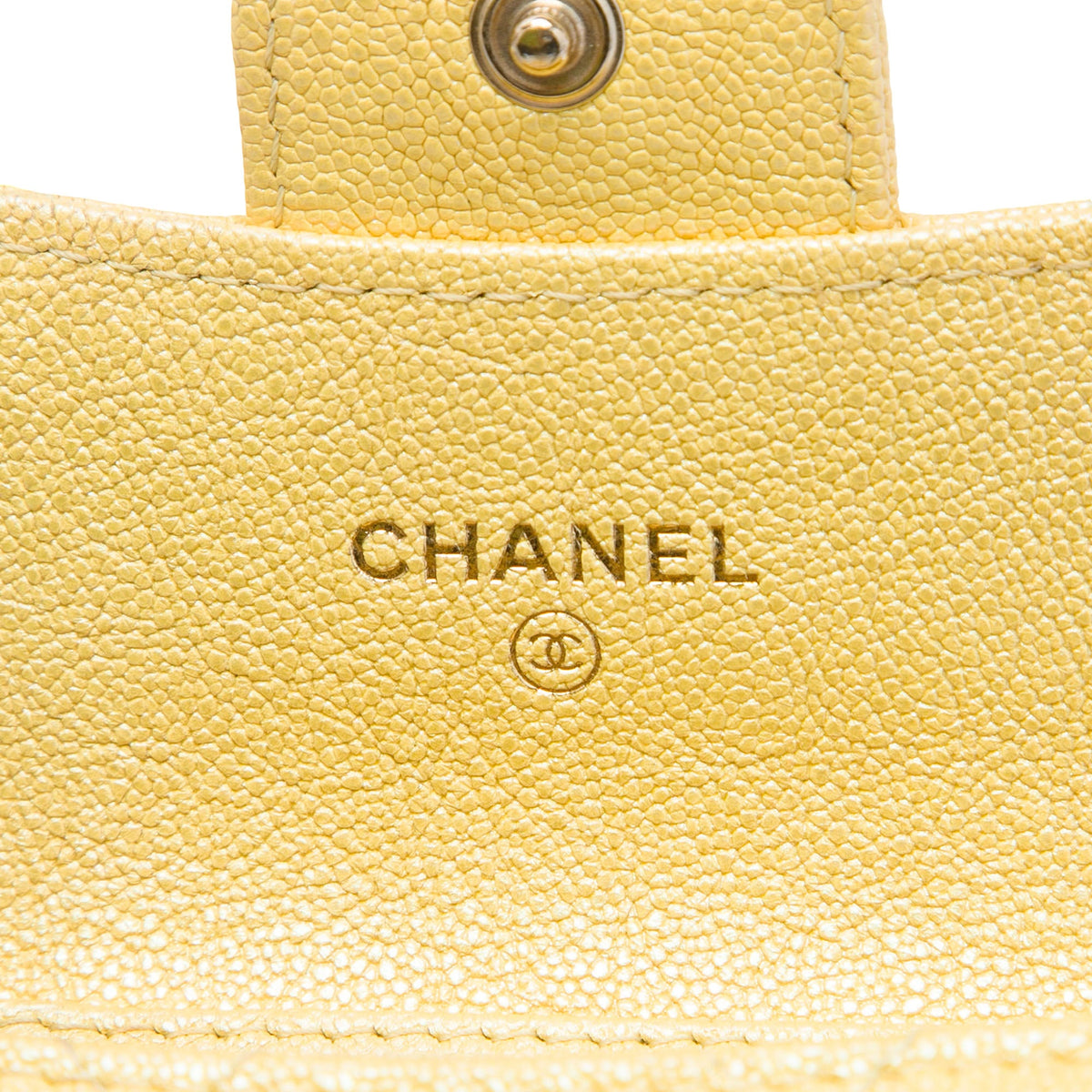 Chanel CC Quilted Iridescent Caviar Flap Card Holder on Chain — Gold