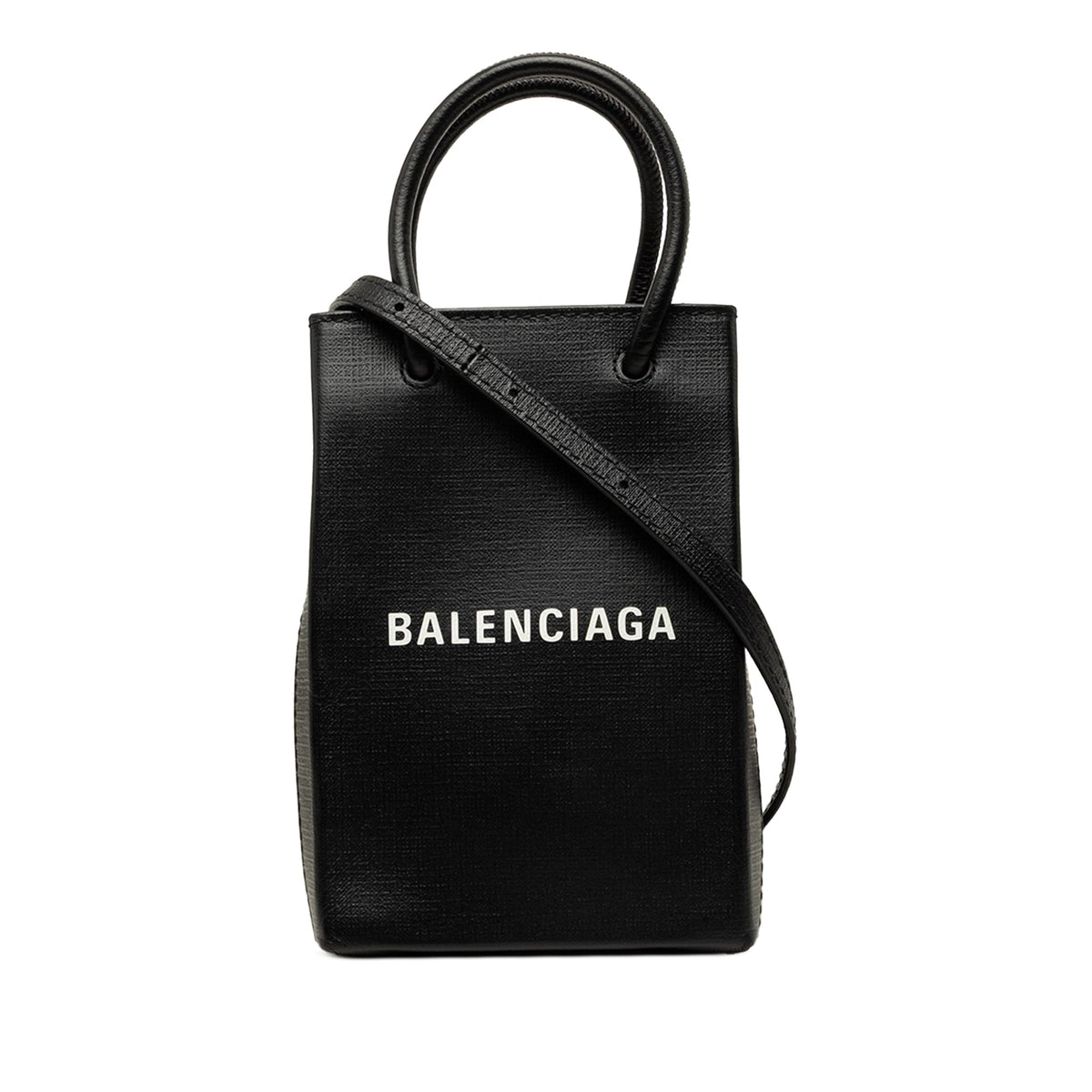 Balenciaga Mini Calfskin Logo Shopping Phone Holder — Black