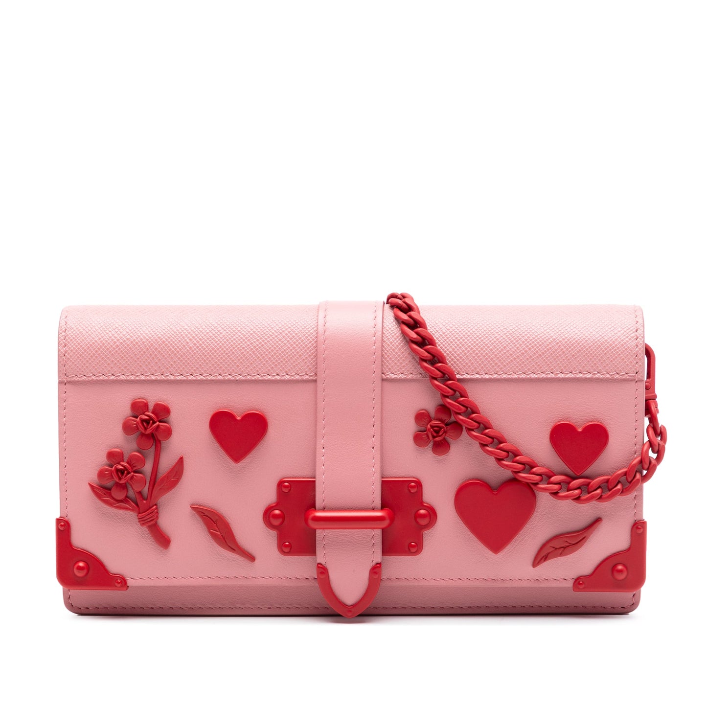 Prada Saffiano Trimmed City Calf Cahier Heart and Flower Wallet on Chain