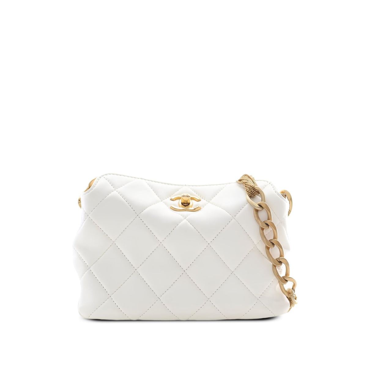 Chanel Small CC Quilted Lambskin Chain Hobo — White