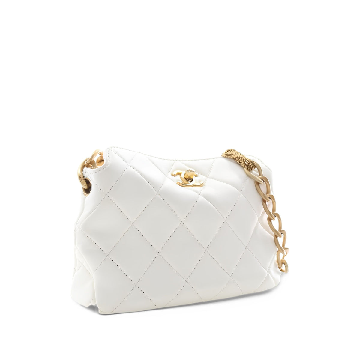 Chanel Small CC Quilted Lambskin Chain Hobo — White