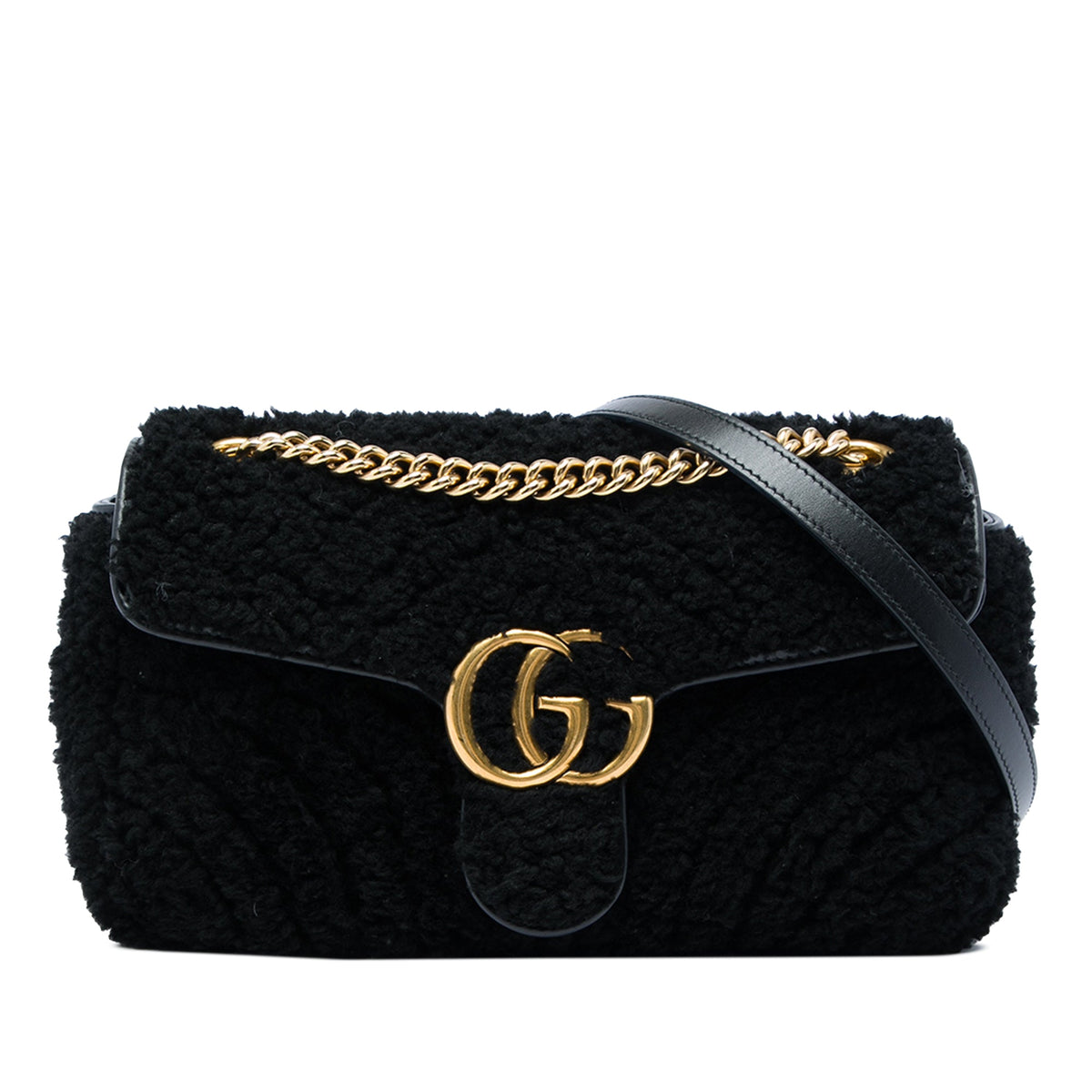 Gucci Medium GG Marmont Matelasse Shearling Shoulder Bag — Black
