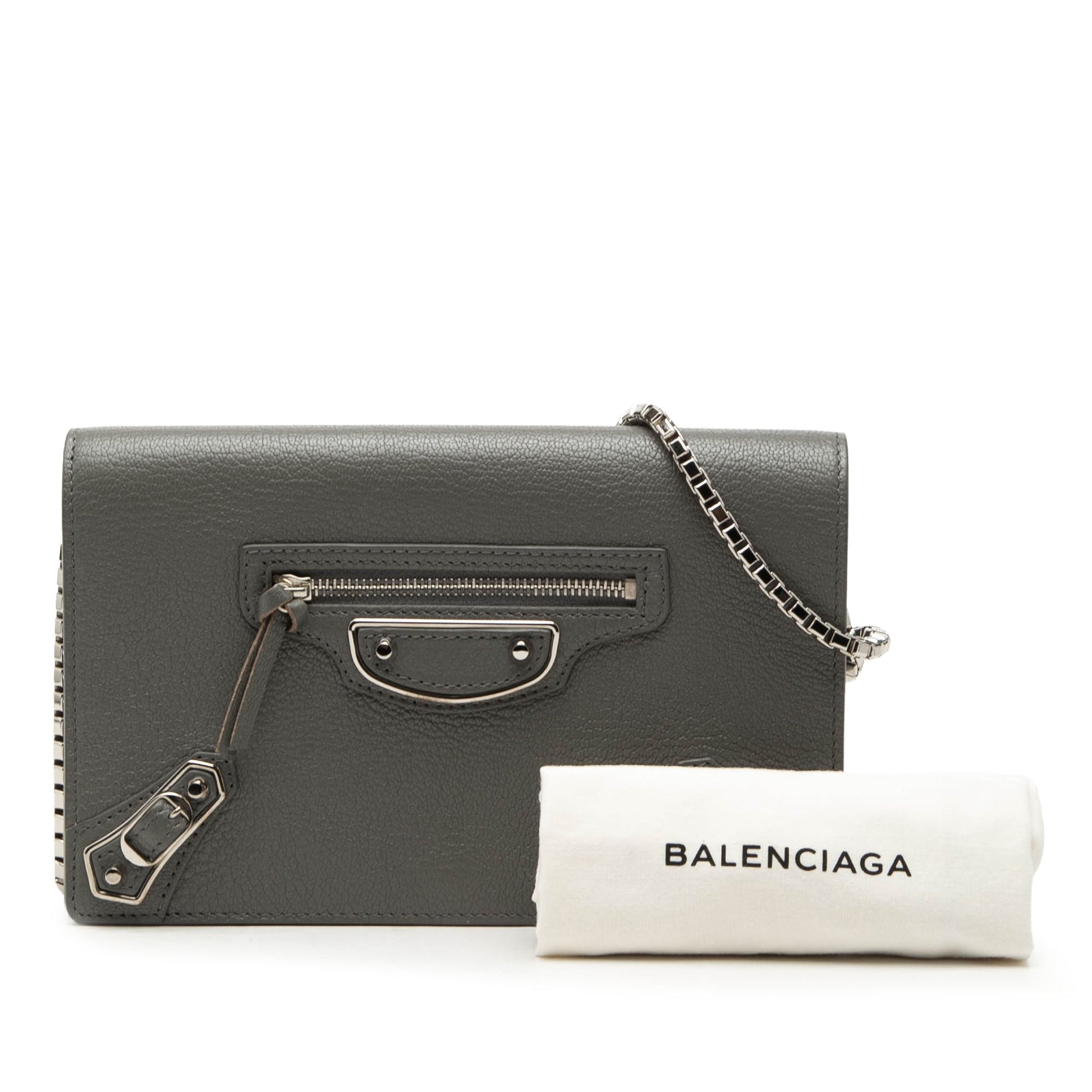 Balenciaga Chevre Motocross Metallic Edge Wallet on Chain