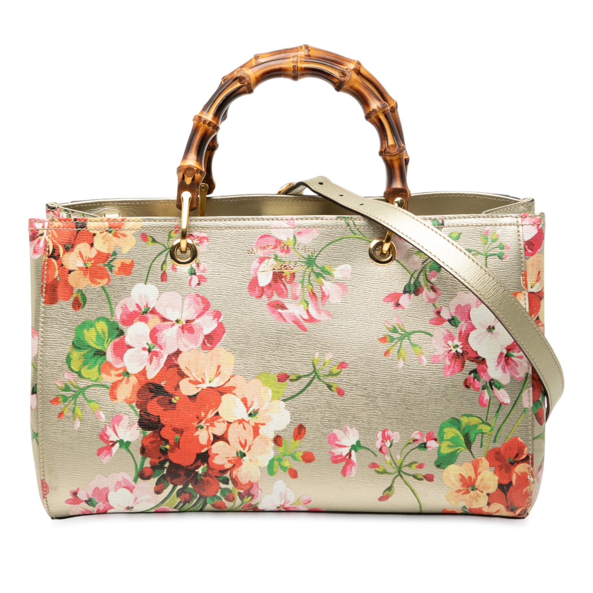Gucci Medium Calfskin Blooms Bamboo Shopper Satchel