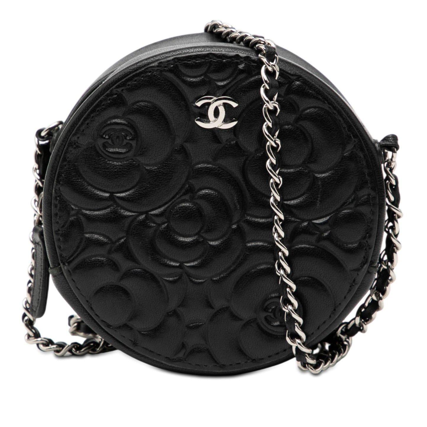Chanel Goatskin Camellia Round Clutch with Chain