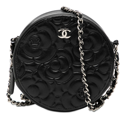 Chanel Goatskin Camellia Round Clutch with Chain