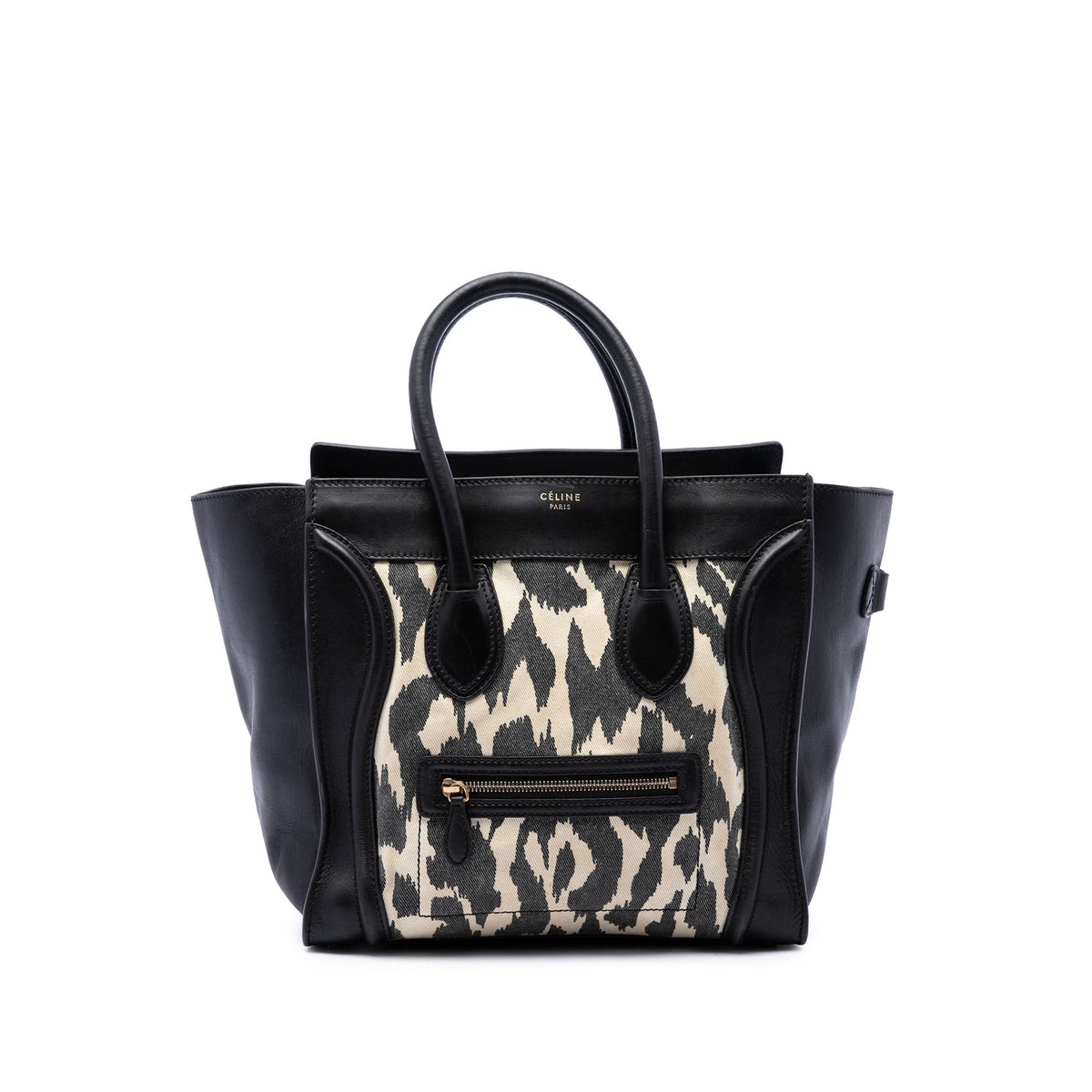 Celine Mini Canvas Leopard Print and Calfskin Luggage Tote — Black