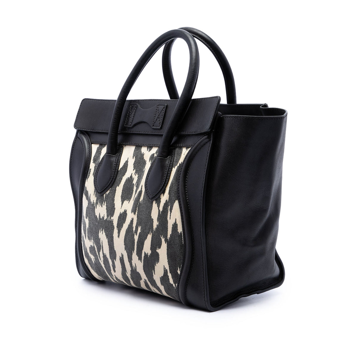 Celine Mini Canvas Leopard Print and Calfskin Luggage Tote — Black