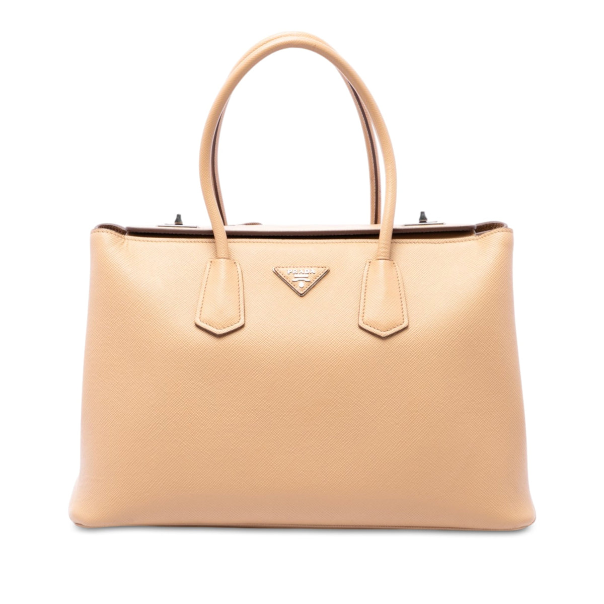 Prada Saffiano Cuir Turnlock Twin Satchel — Beige