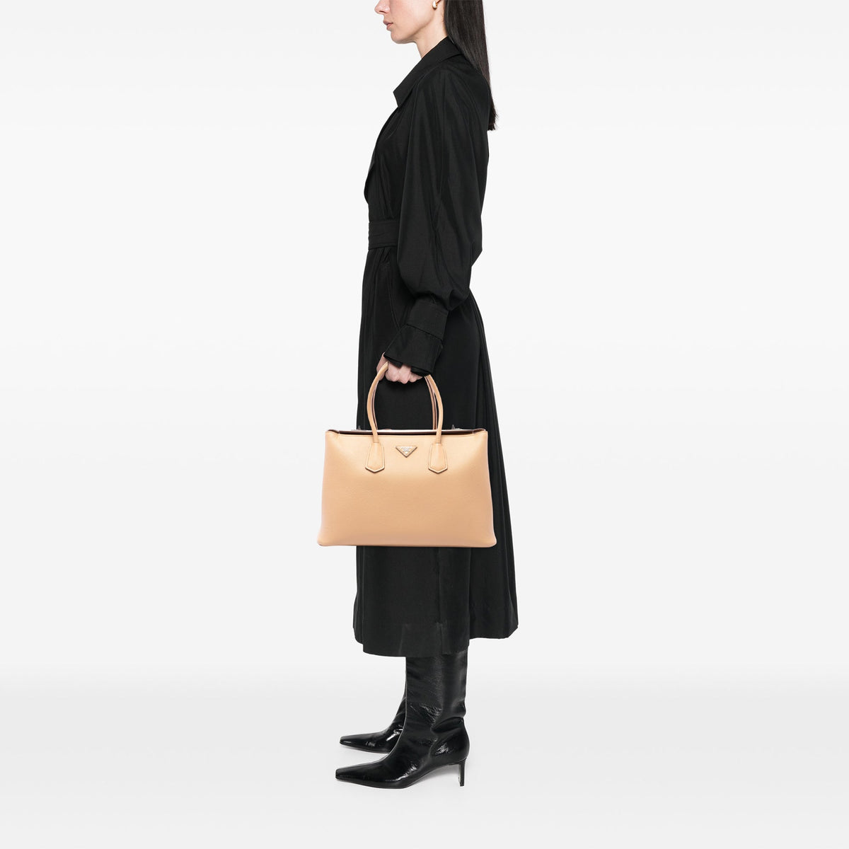 Prada Saffiano Cuir Turnlock Twin Satchel — Beige