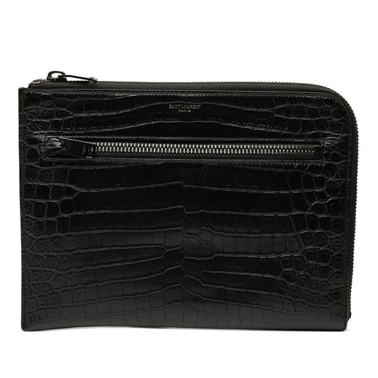 Saint Laurent Croc Embossed Leather Clutch