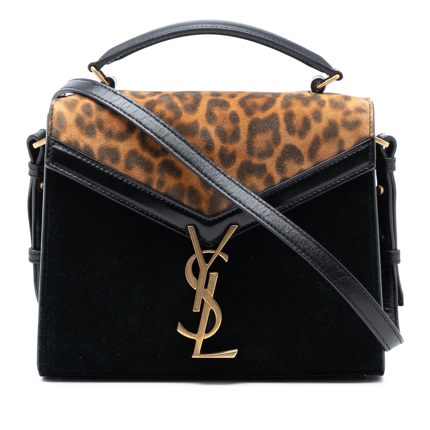 Saint Laurent Mini Suede Leopard Print Monogram Cassandra Top Handle Bag