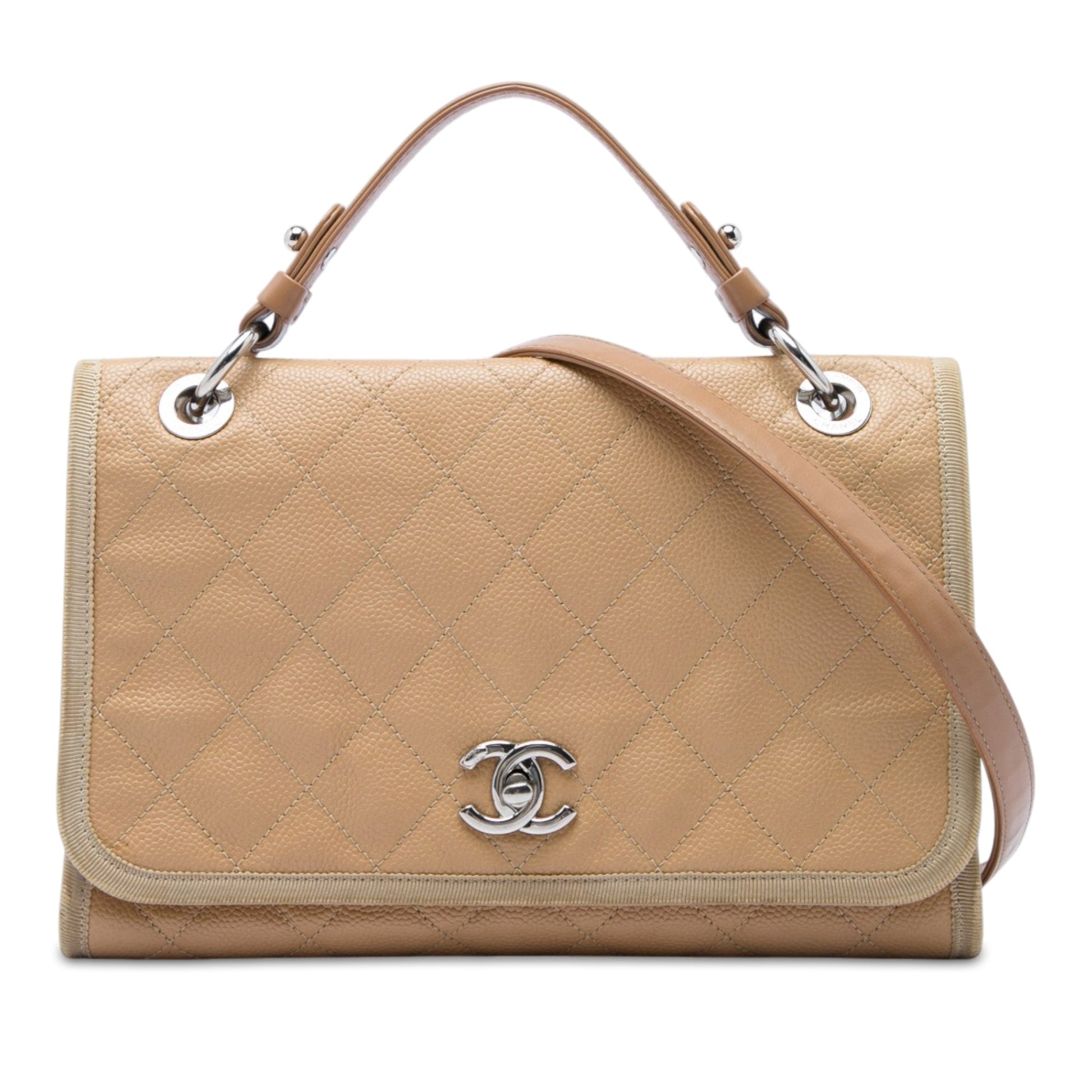 Chanel CC Bicolor Quilted Caviar and Grosgrain Top Handle Flap