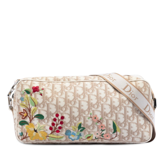 Oblique Coated Canvas Floral Embroidered Crossbody