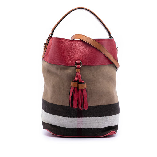 Burberry Medium Mega Check Canvas and Grained Calfskin Ashby Tassel Bucket Bag