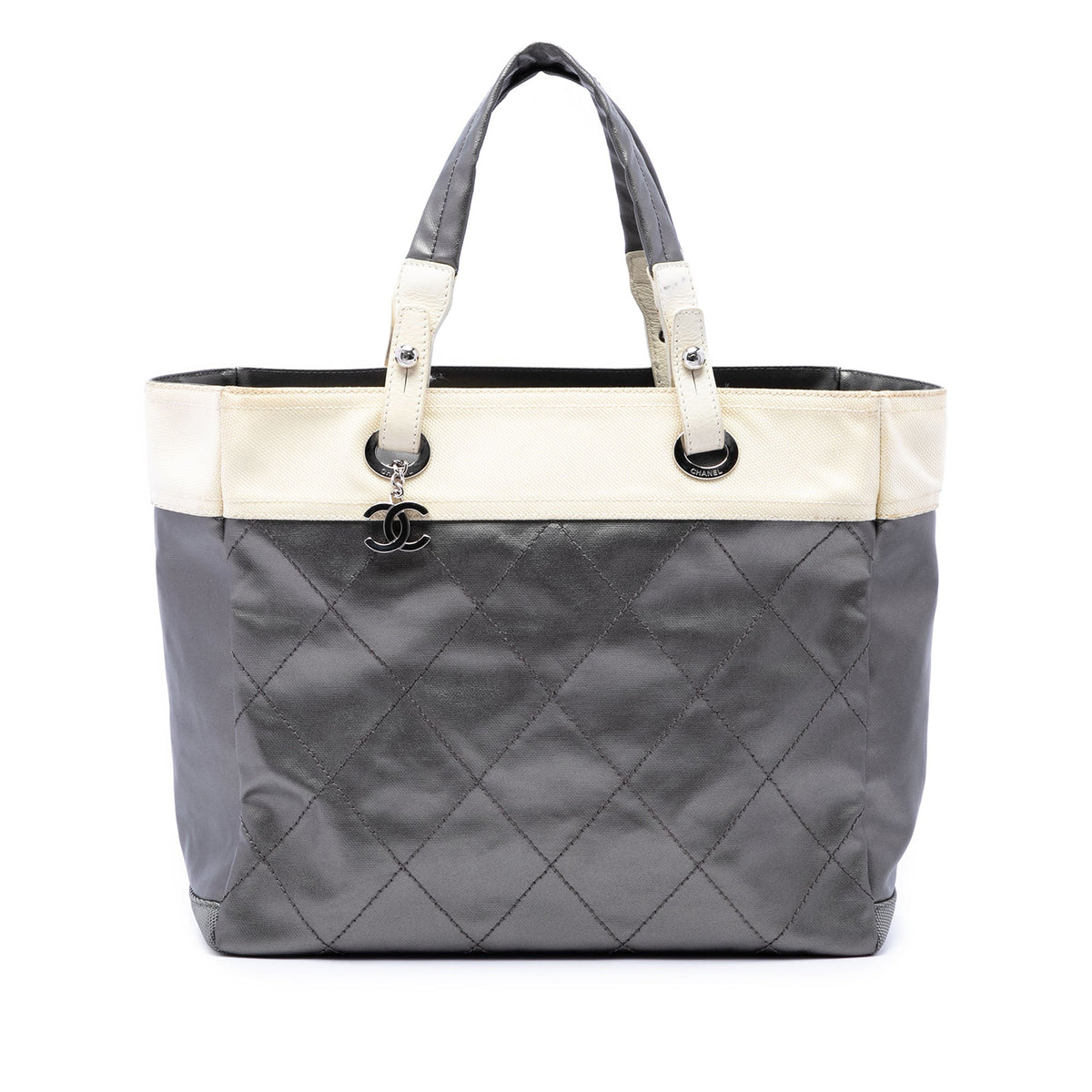 Chanel Medium Quilted Coated Canvas Paris Biarritz Tote — Silver