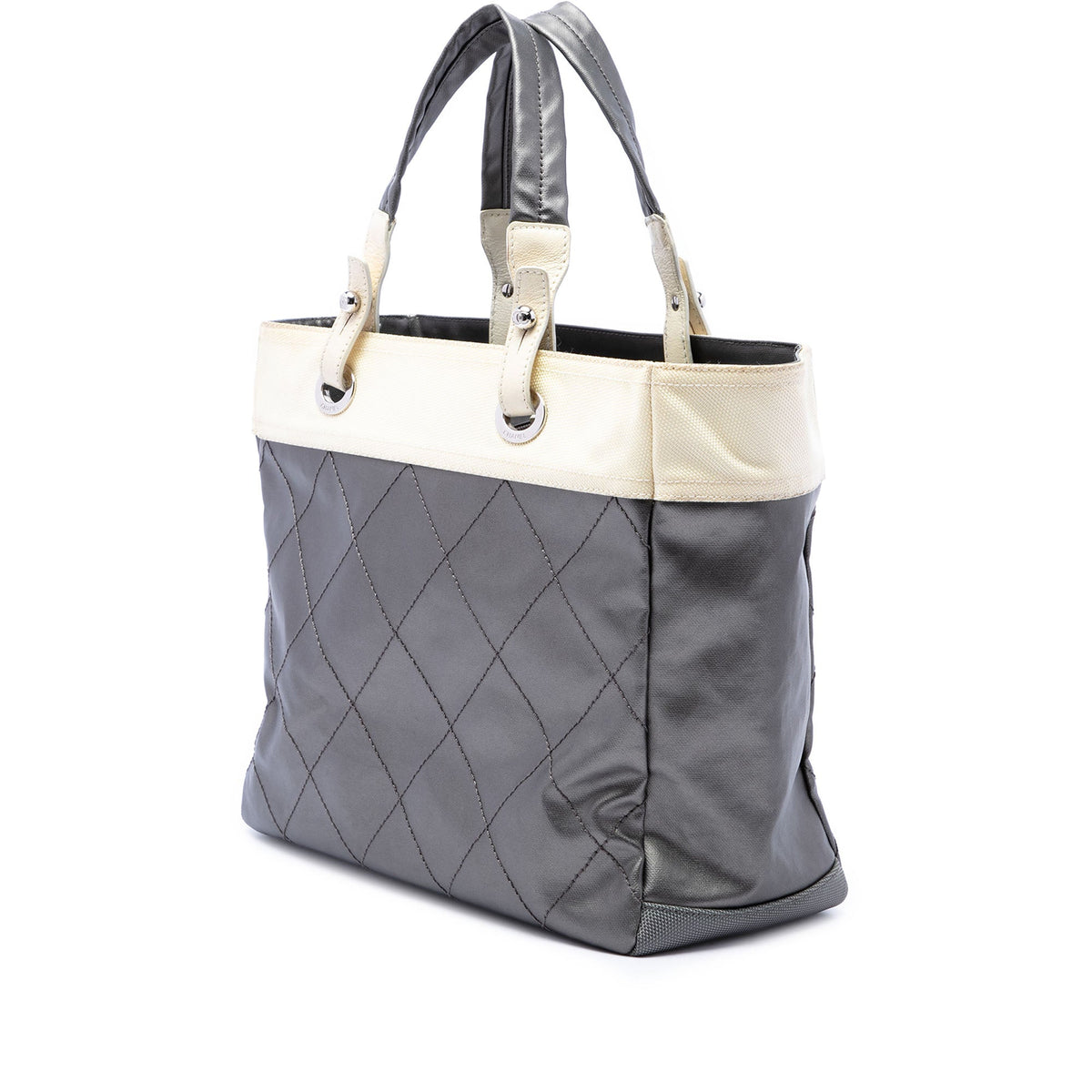 Chanel Medium Quilted Coated Canvas Paris Biarritz Tote — Silver