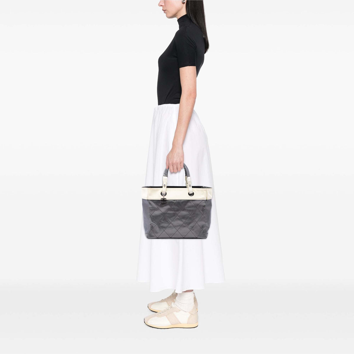Chanel Medium Quilted Coated Canvas Paris Biarritz Tote — Silver