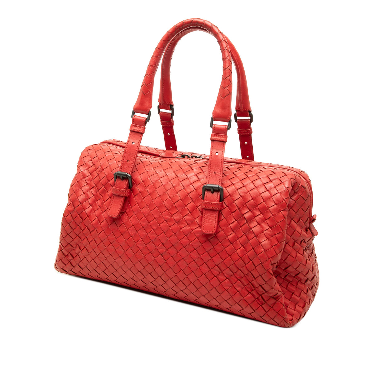 Bottega Veneta Nappa Intrecciato Boston Bag — Red