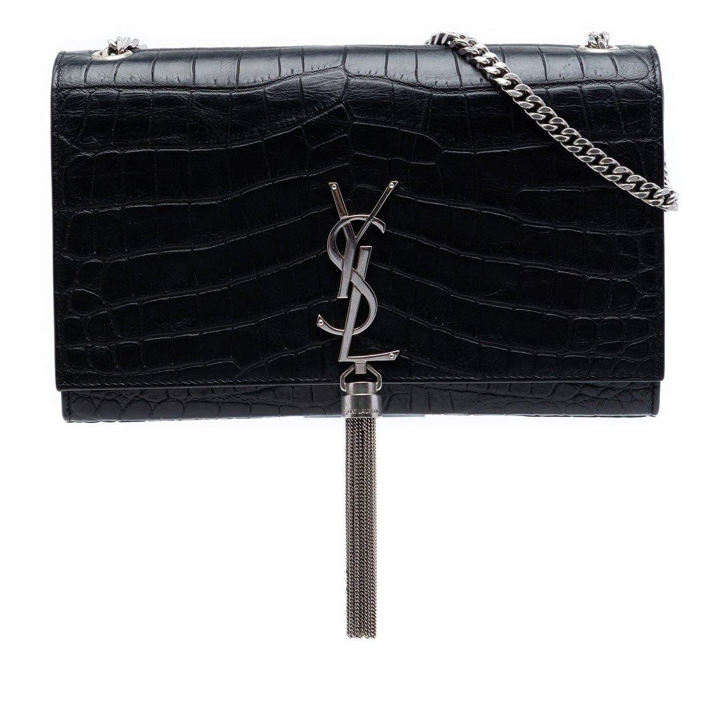 Saint Laurent Medium Croc Embossed Leather Kate Tassel Crossbody