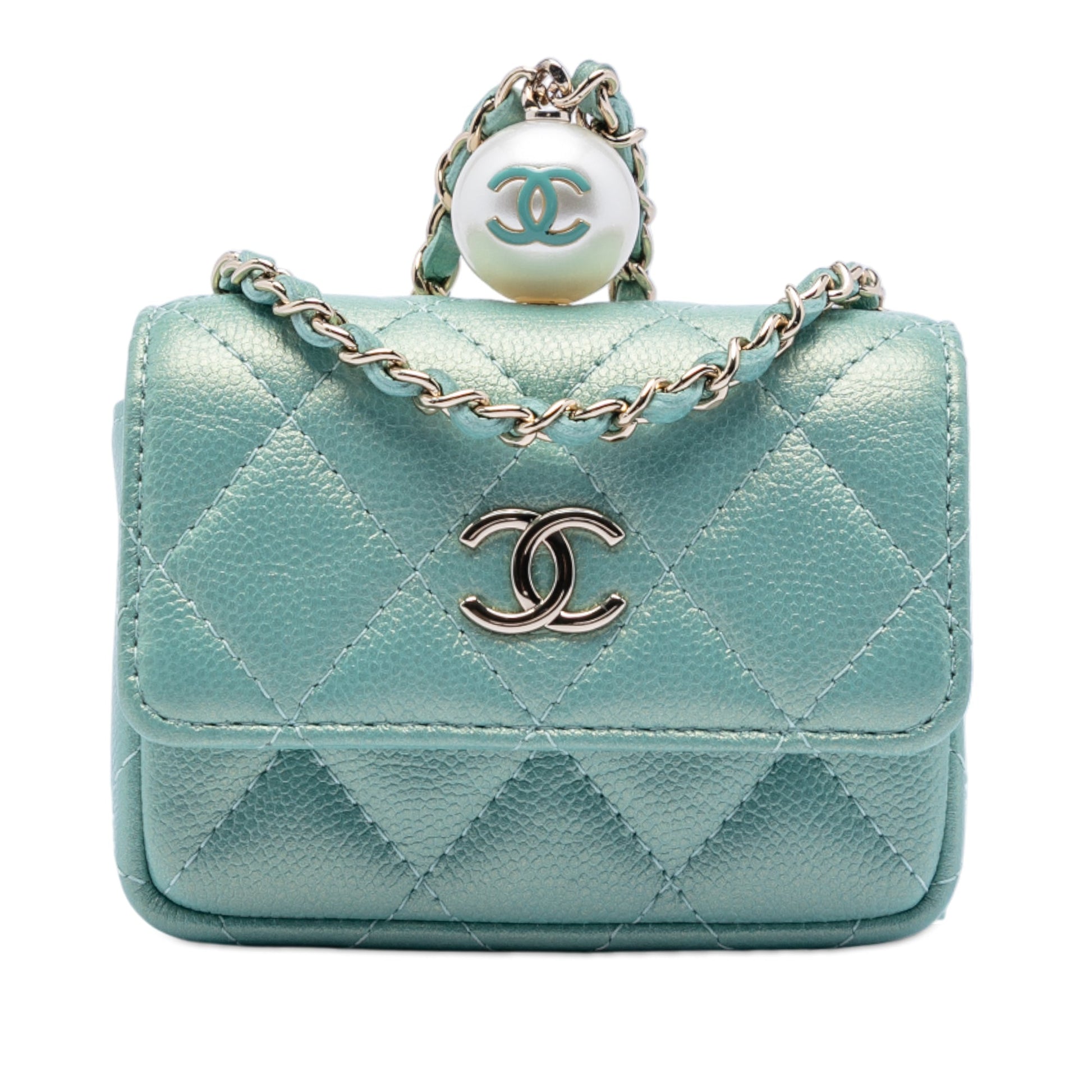 Chanel Iridescent Caviar Pearl On Top Coin Purse With Chain