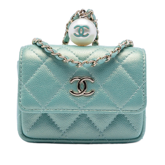 Chanel Iridescent Caviar Pearl On Top Coin Purse With Chain