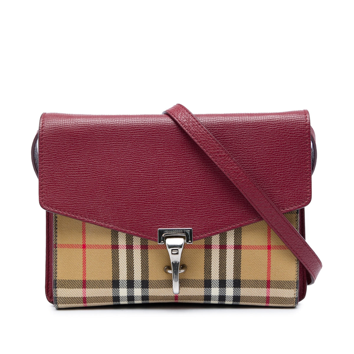 Burberry Small Leather and House Check Canvas Derby Macken Crossbody — Red