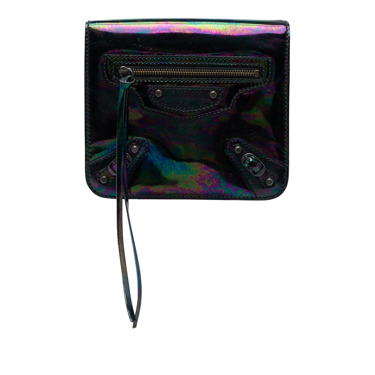 Balenciaga Metallic Patent Motocross Oil Slick Le City Clutch — Black