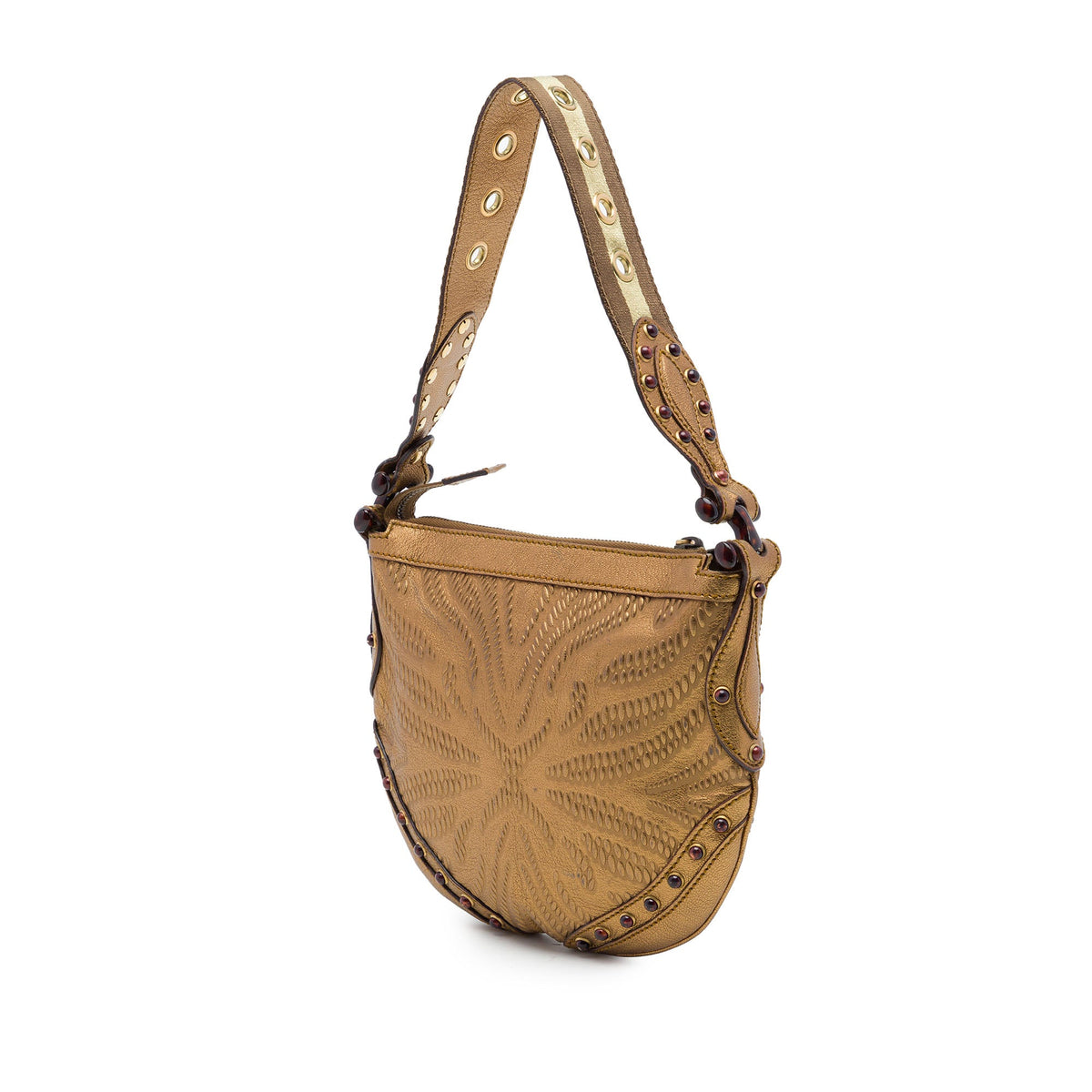 Gucci Metallic Embossed Calfskin Pelham Studded Hobo — Gold