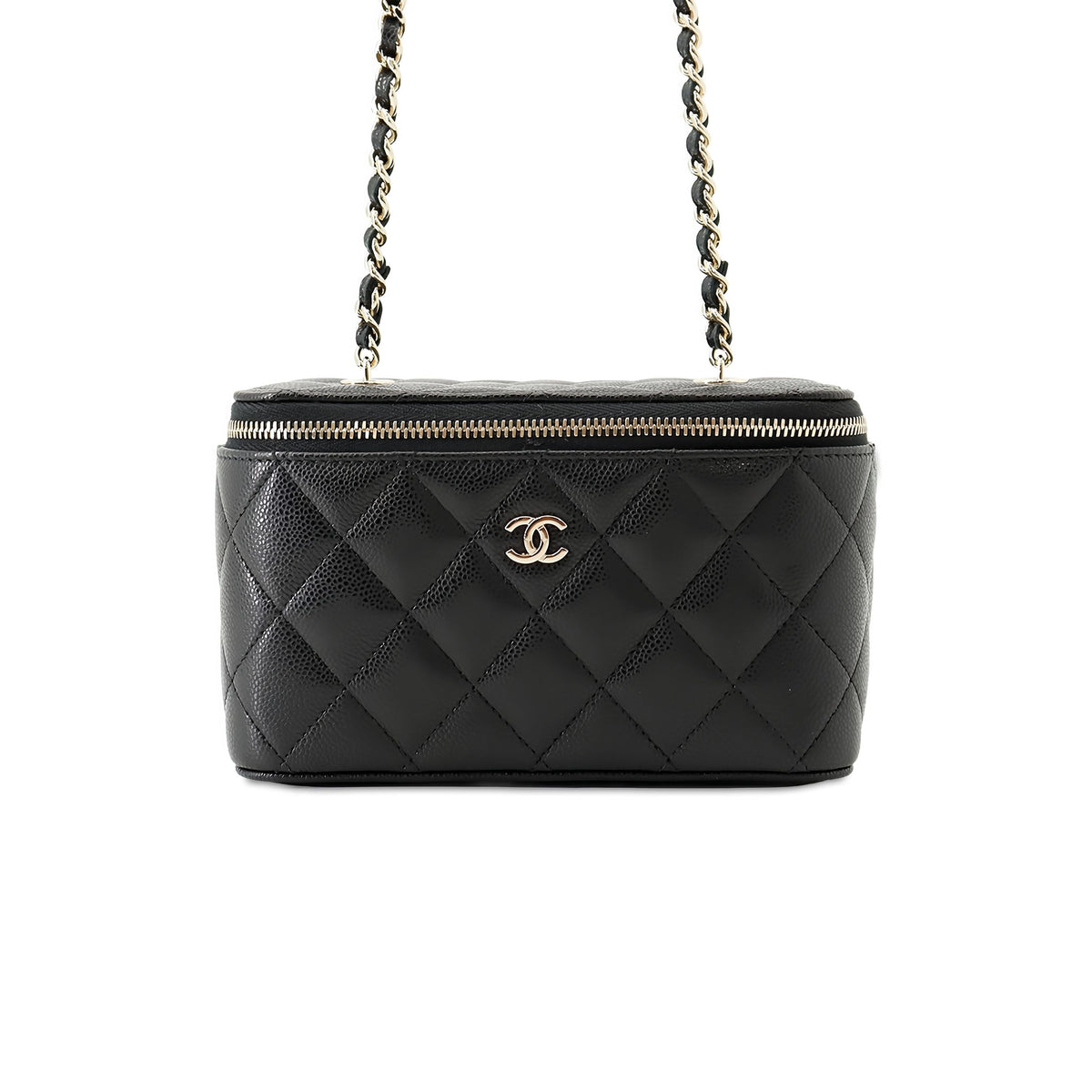Chanel Small Quilted Caviar Vanity Case With Chain — Black