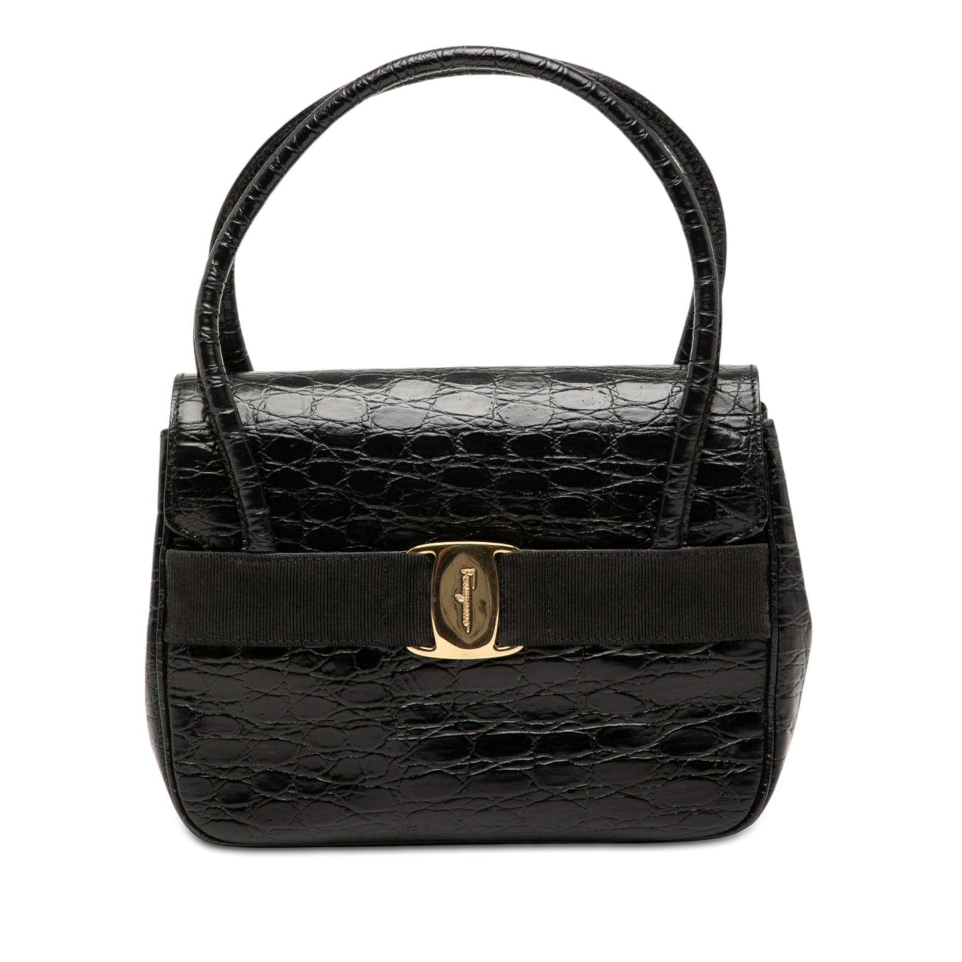 Ferragamo Croc Embossed Vara Bow Top Handle Bag