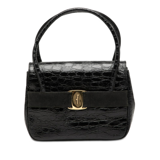 Ferragamo Croc Embossed Vara Bow Top Handle Bag