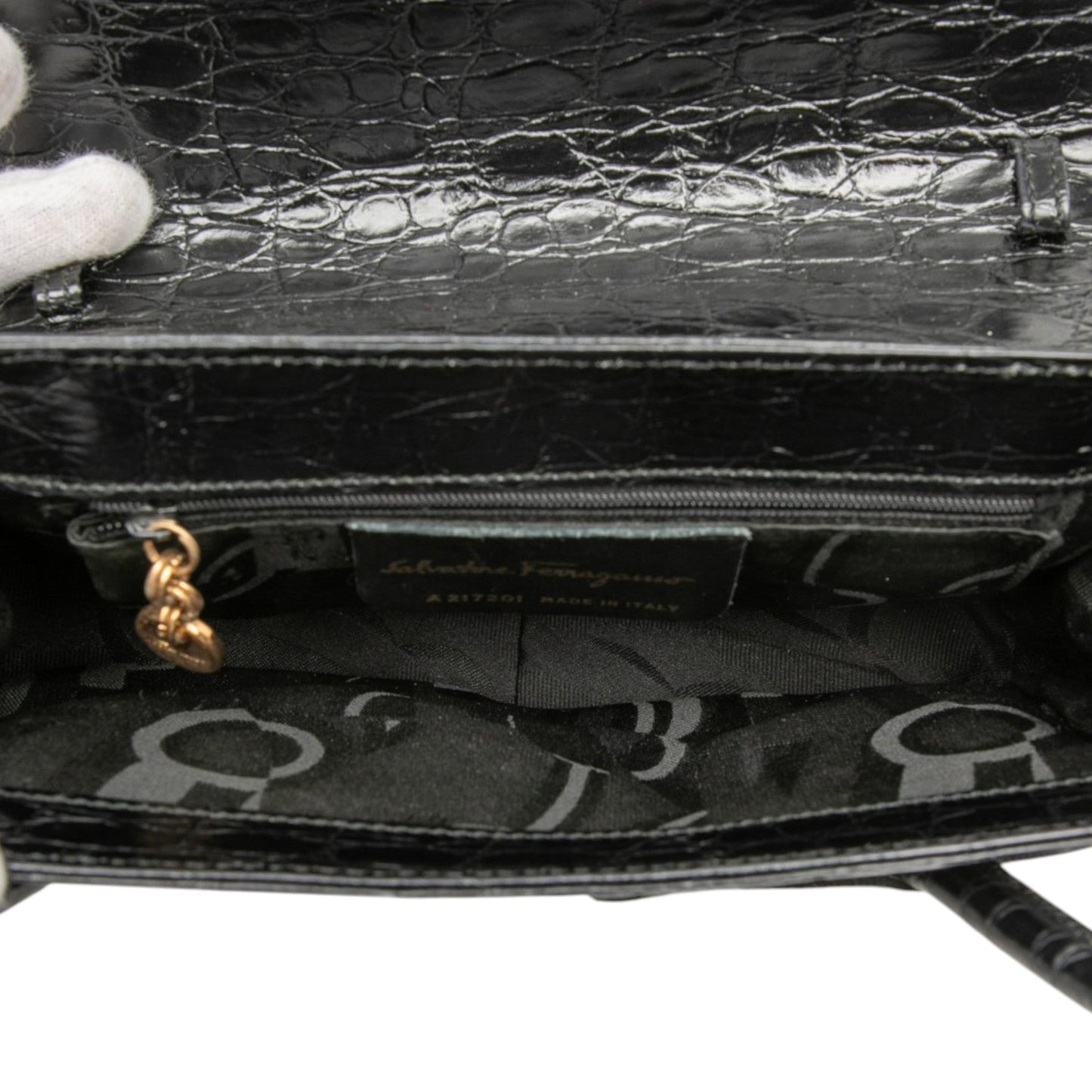 Ferragamo Croc Embossed Vara Bow Top Handle Bag