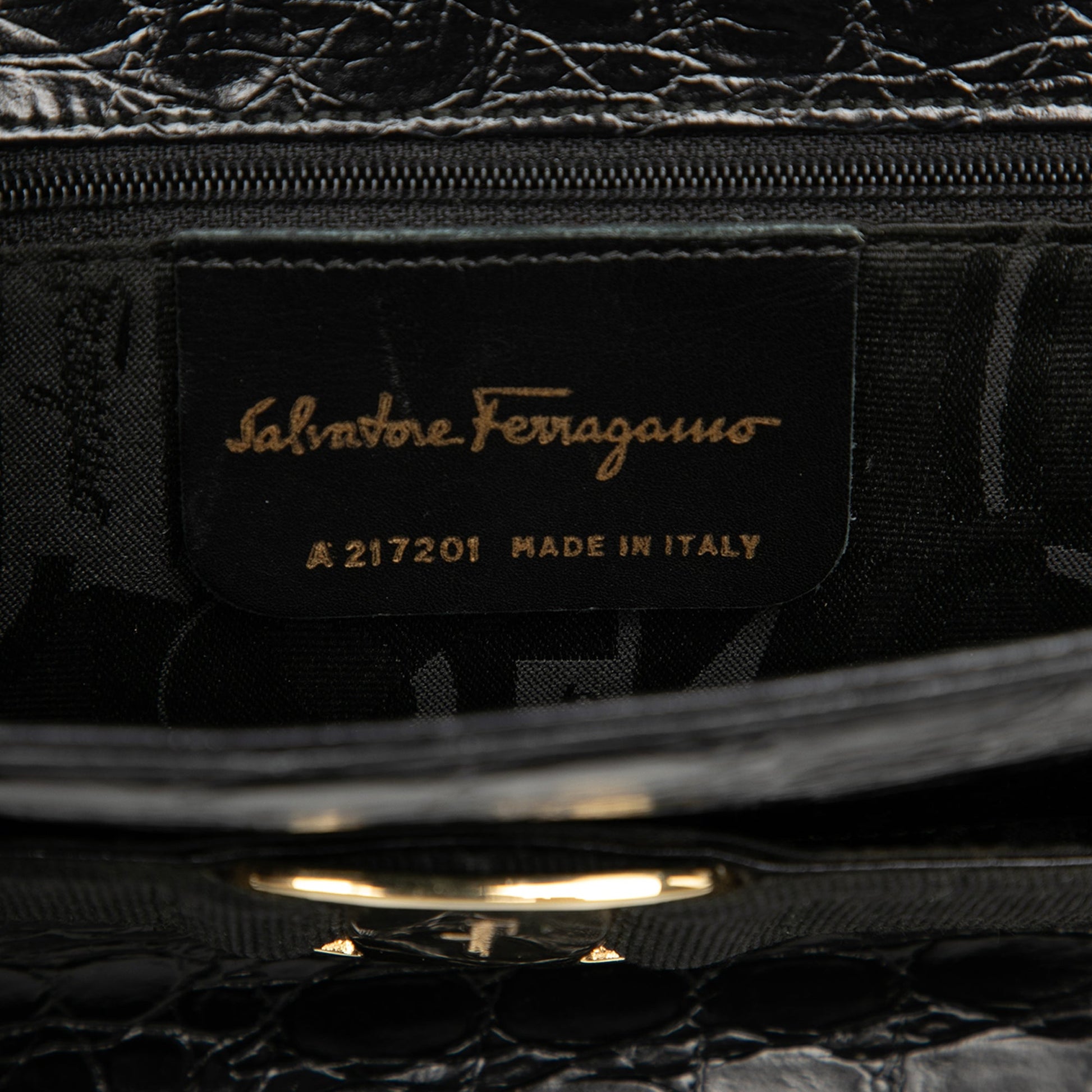 Ferragamo Croc Embossed Vara Bow Top Handle Bag