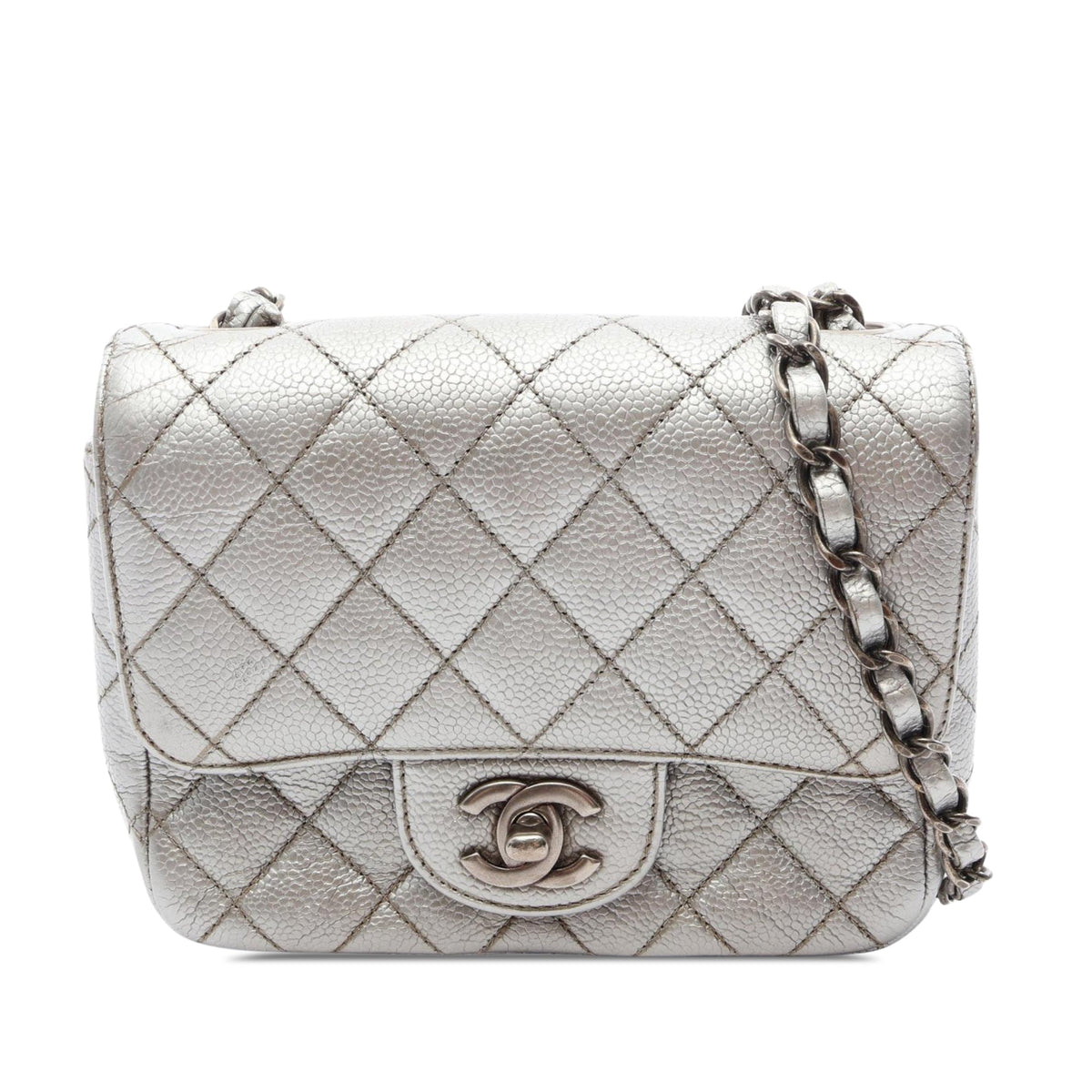 Chanel Mini Square Classic Caviar Single Flap — Silver