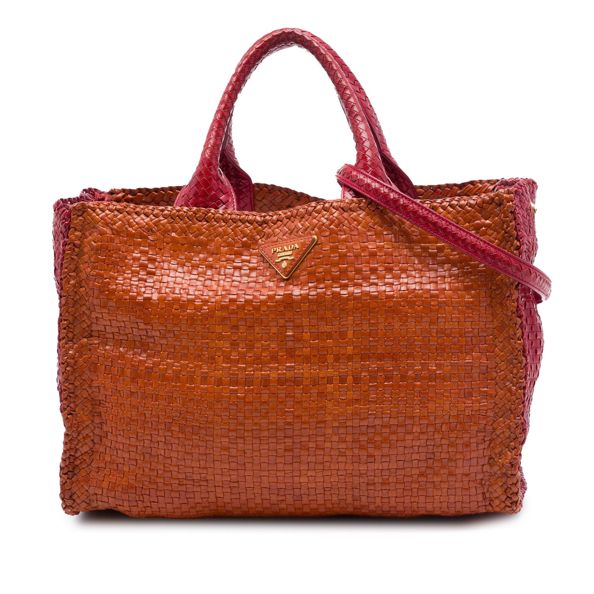 Prada Medium Bicolor Woven Goatskin Madras Shopping Tote