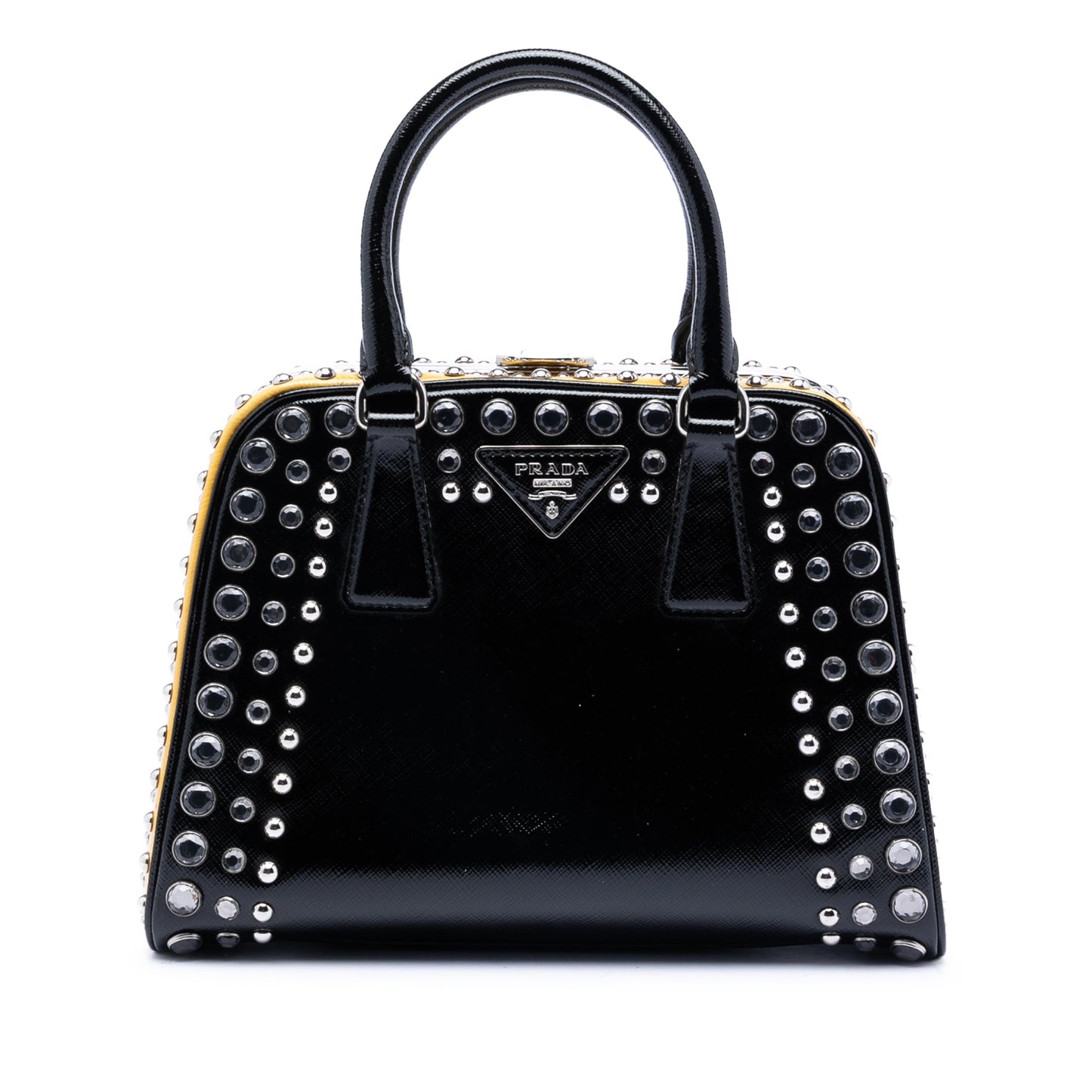 Small Studded Saffiano Vernice Frame Top Handle Bag