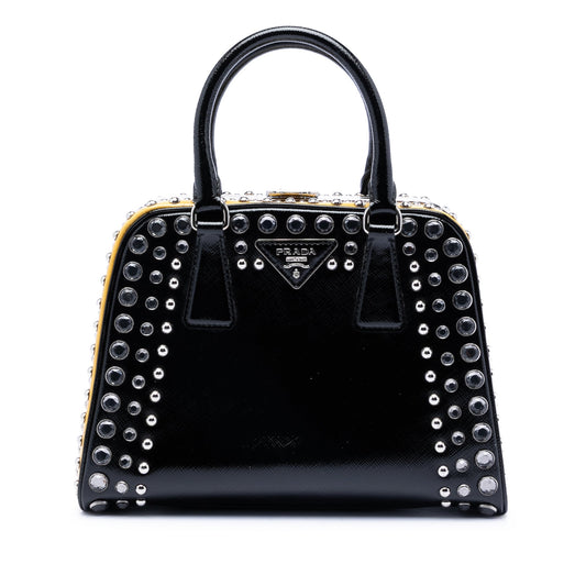 Small Studded Saffiano Vernice Frame Top Handle Bag