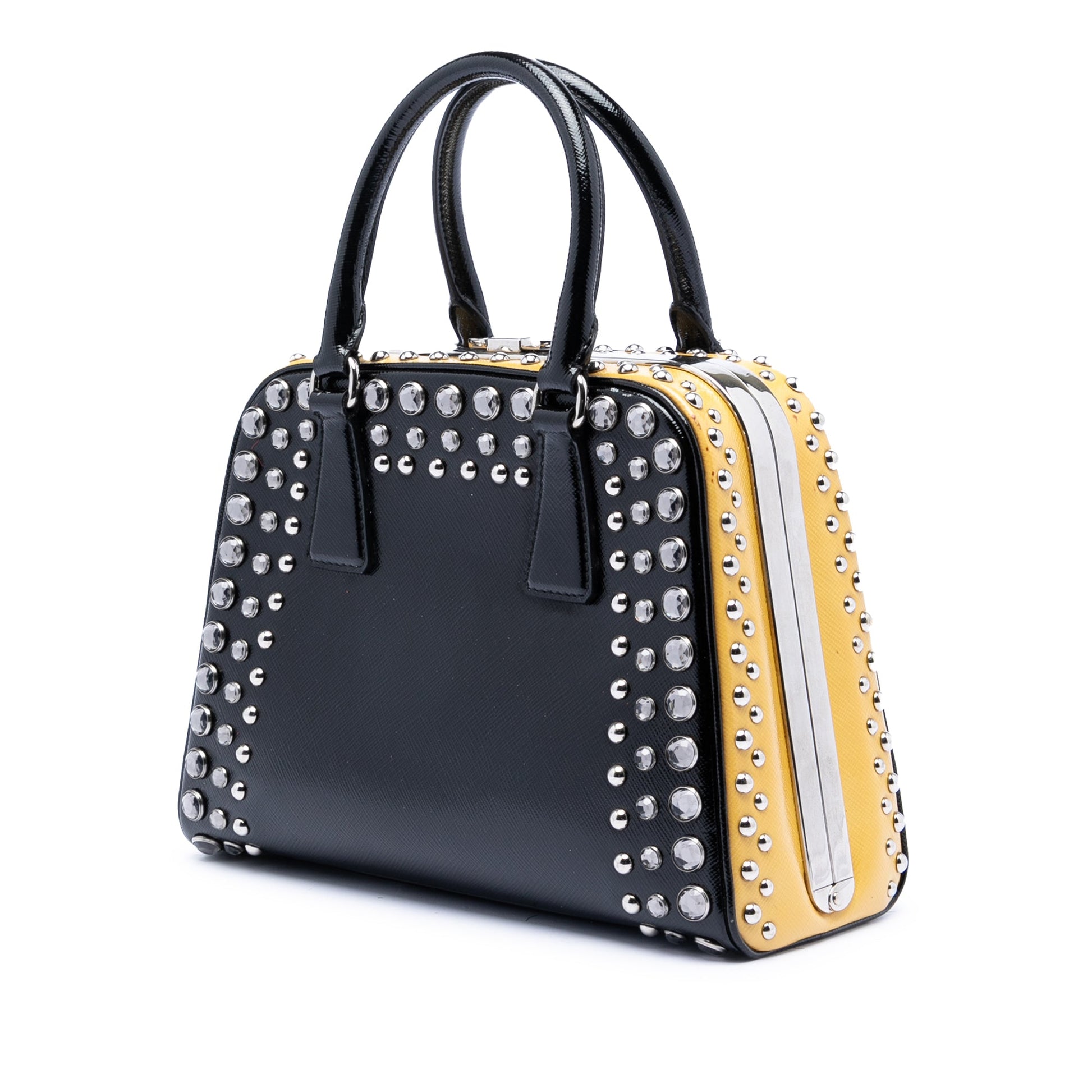 Small Studded Saffiano Vernice Frame Top Handle Bag