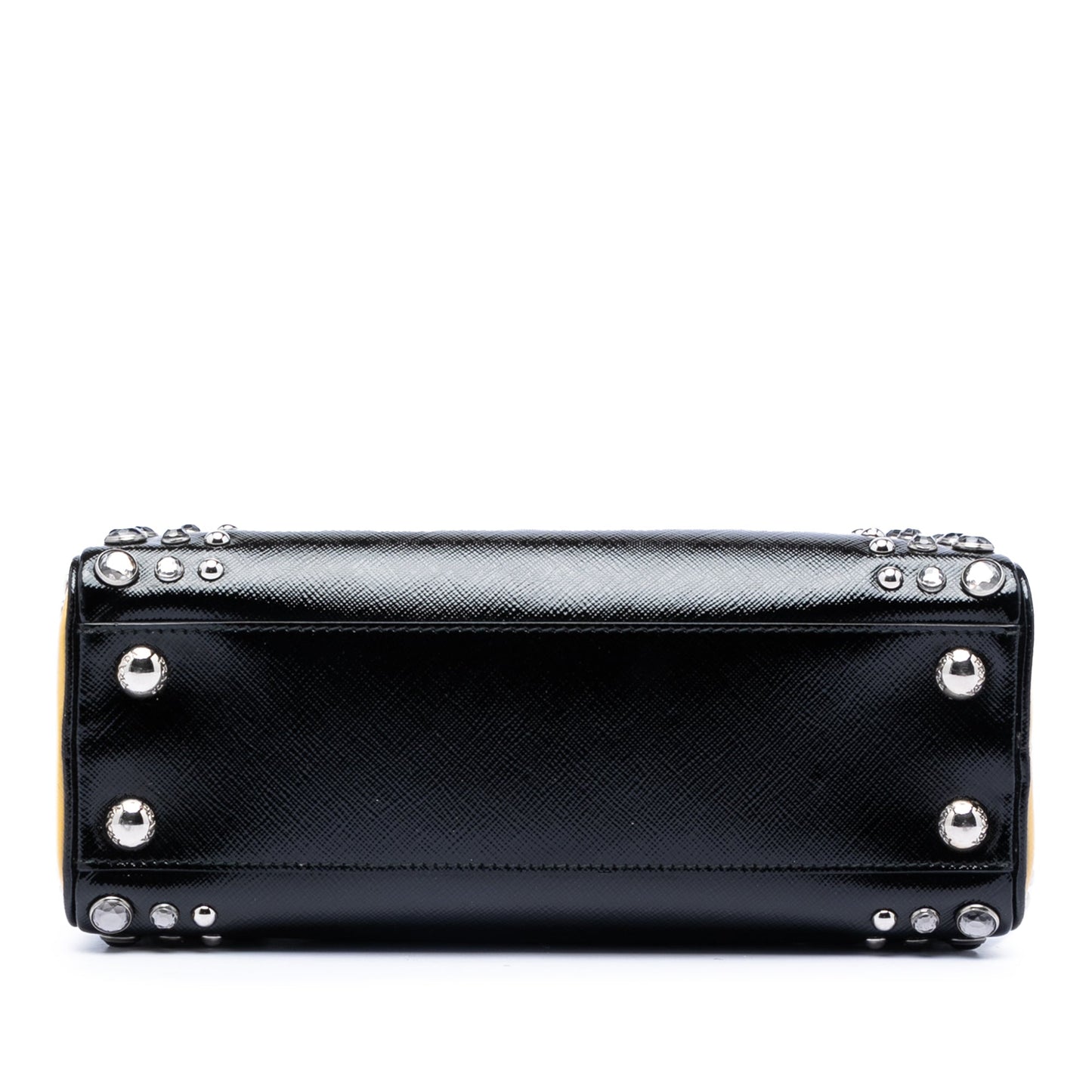 Small Studded Saffiano Vernice Frame Top Handle Bag