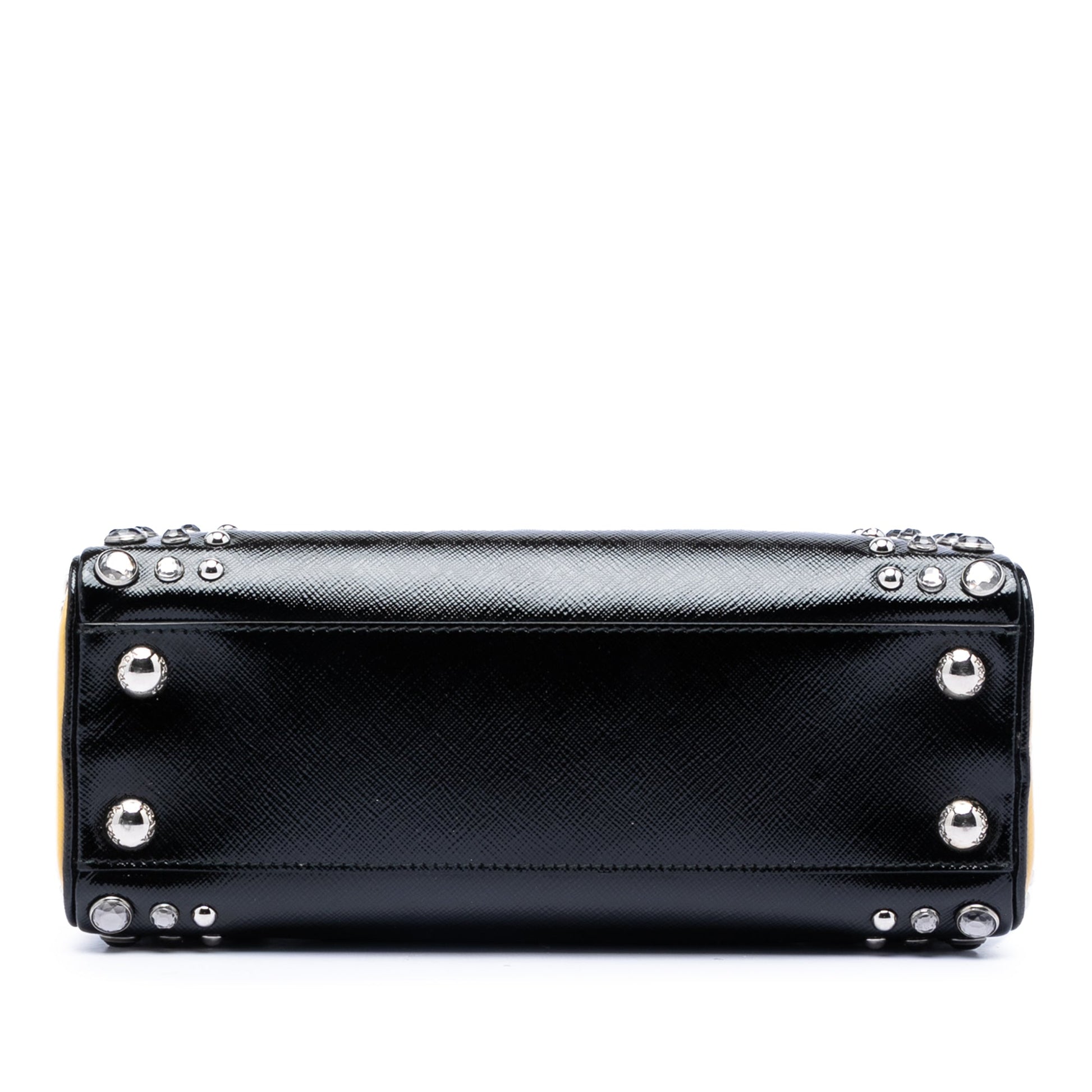 Small Studded Saffiano Vernice Frame Top Handle Bag