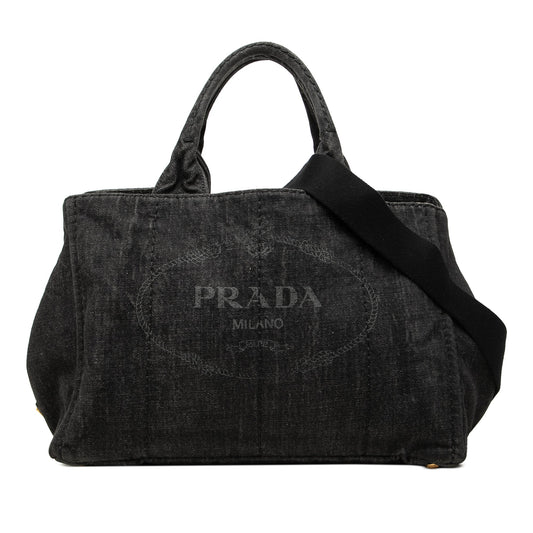 Prada Denim Canapa Logo Tote — Black